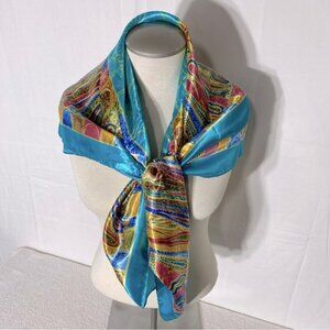 5/$25 Jiaying Blue Yellow Satin Abstract Print Square Scarf